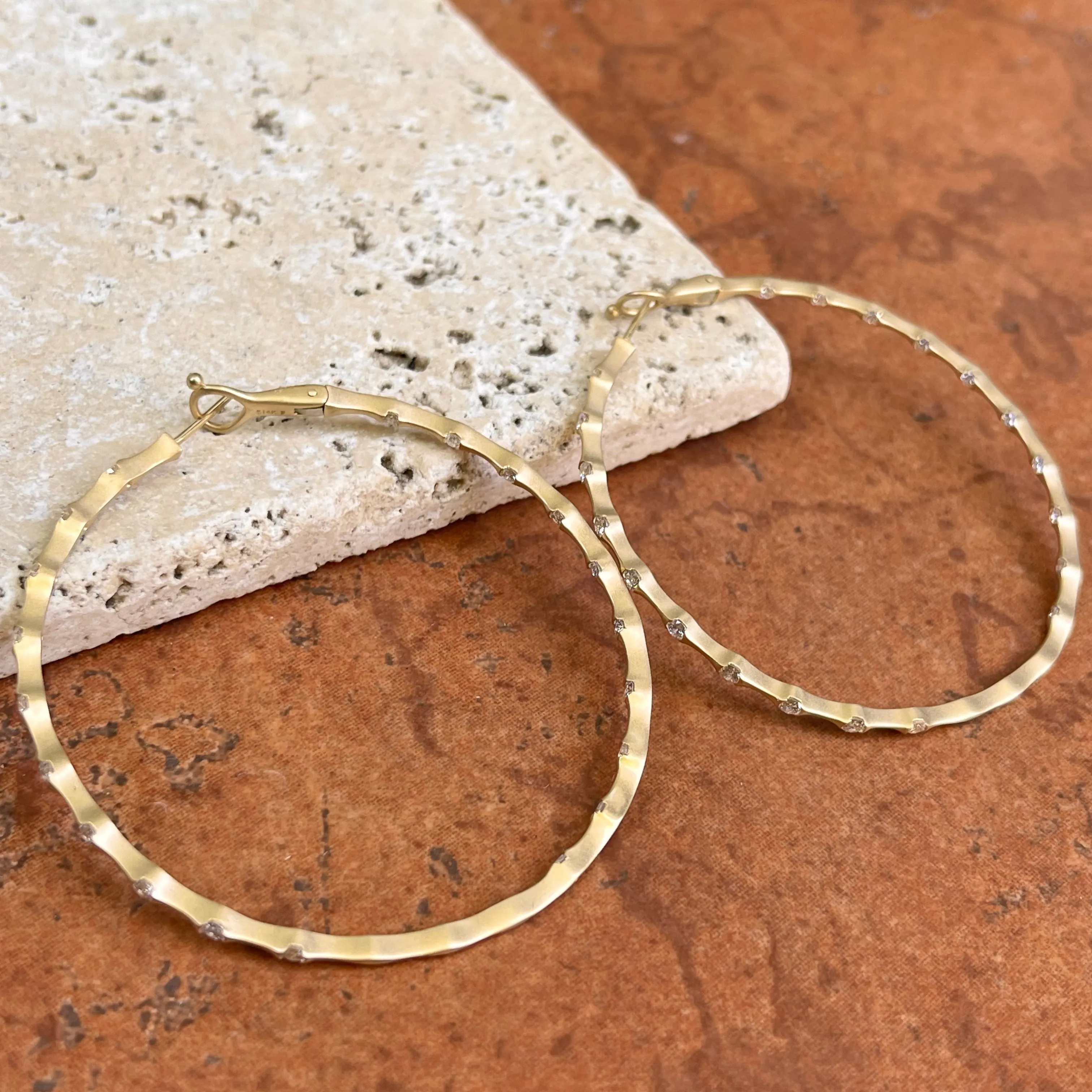 14KT Yellow Gold Matte Inside Outside 1.50 CT Diamond Bamboo Hoop Earrings 60mm