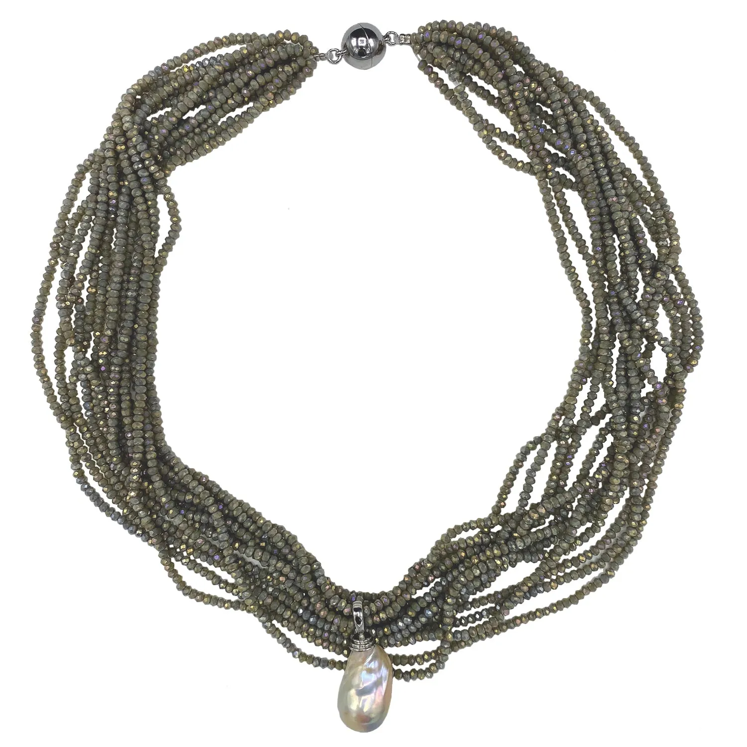 192-05-S | PISTACHIO CRYSTAL NECKLACE w/DETACHABLE WILD PEARL