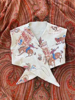 1940s Inspired Reversible Tie Front Top 1800s Hemp & Wild West Print XS-S/M