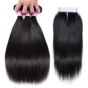 7A Malaysian Virgin Hair Straight Hair Bundles With Closure 100% Human Hair 3 Bundles With Lace Closure Hair Extensions