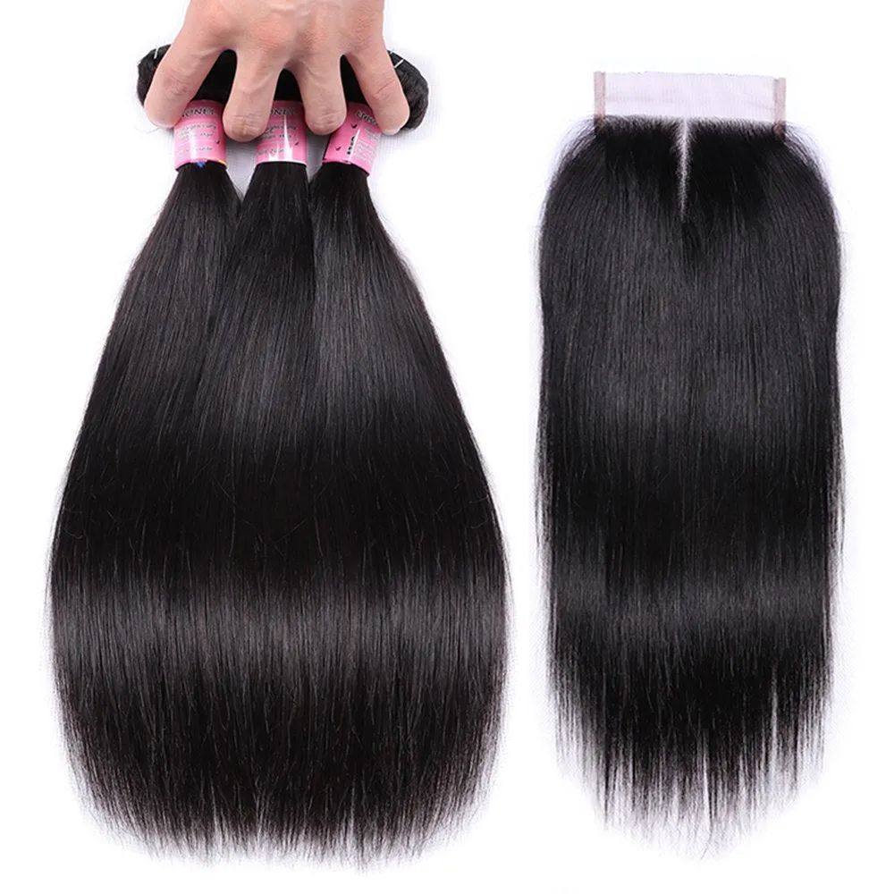7A Malaysian Virgin Hair Straight Hair Bundles With Closure 100% Human Hair 3 Bundles With Lace Closure Hair Extensions