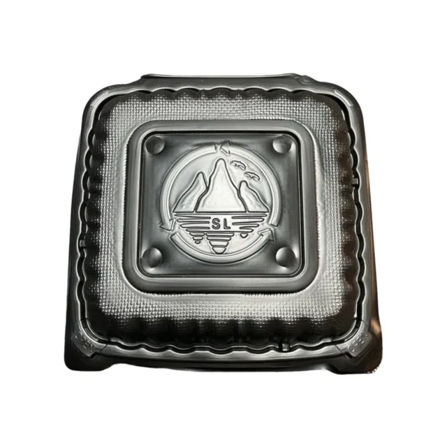 8" X 8" X 3" BLACK PLASTIC POLYPROPYLENE HINGED CONTAINER VENTED 3 COMP-150CT