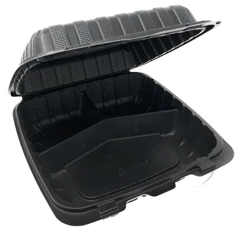 8" X 8" X 3" BLACK PLASTIC POLYPROPYLENE HINGED CONTAINER VENTED 3 COMP-150CT