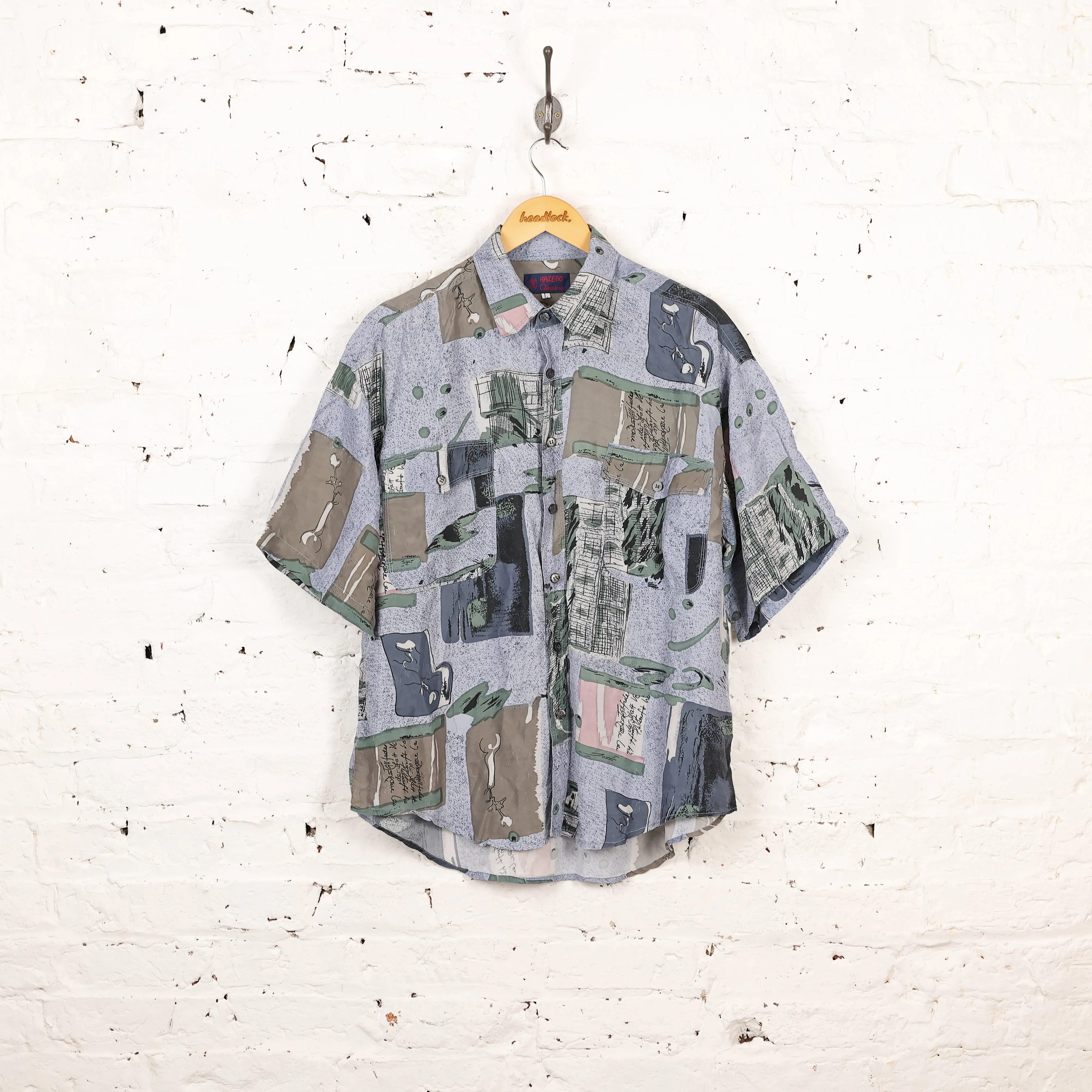 90s Pattern Silk Shirt - Blue - L
