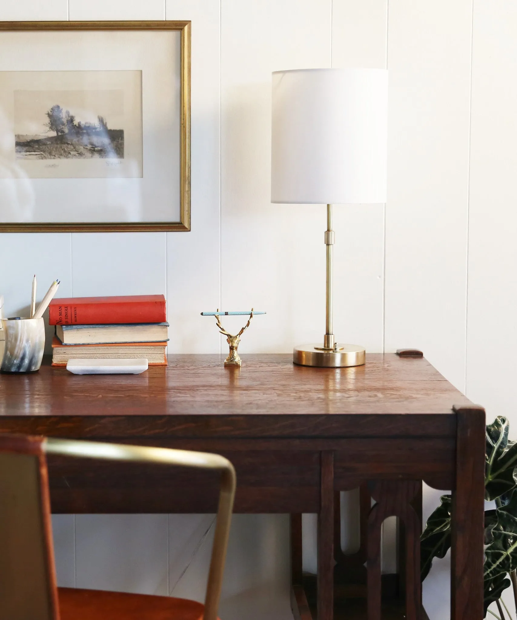 Adams Short Table Lamp with Linen Shade, Antique Brass
