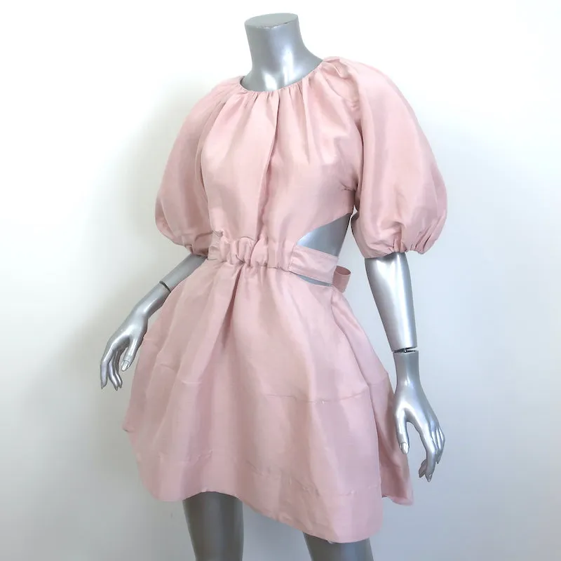 Aje Psychedelia Puff Sleeve Cut-Out Mini Dress Blush Linen-Silk Size 6 NEW