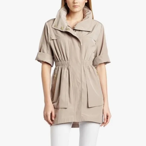 [ali ro] short sleeve cinch waist hooded rain jacket khaki