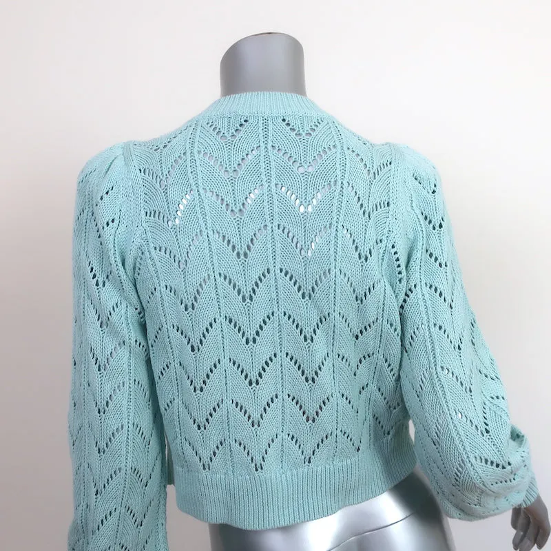 Alice   Olivia Puff Sleeve Cardigan Kitty Baby Blue Pointelle Knit Size Small
