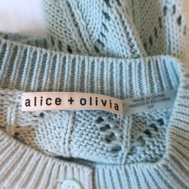 Alice   Olivia Puff Sleeve Cardigan Kitty Baby Blue Pointelle Knit Size Small