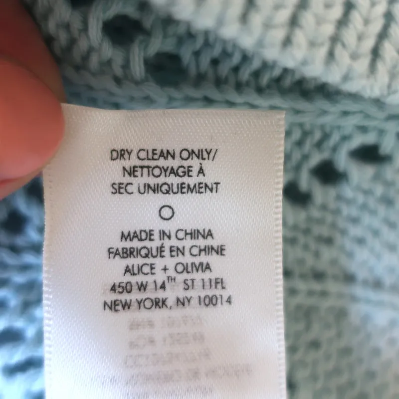 Alice   Olivia Puff Sleeve Cardigan Kitty Baby Blue Pointelle Knit Size Small