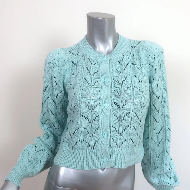 Alice   Olivia Puff Sleeve Cardigan Kitty Baby Blue Pointelle Knit Size Small