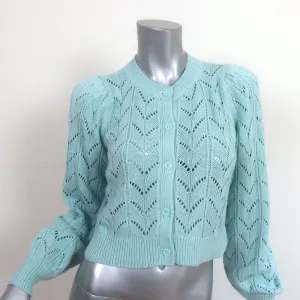 Alice   Olivia Puff Sleeve Cardigan Kitty Baby Blue Pointelle Knit Size Small
