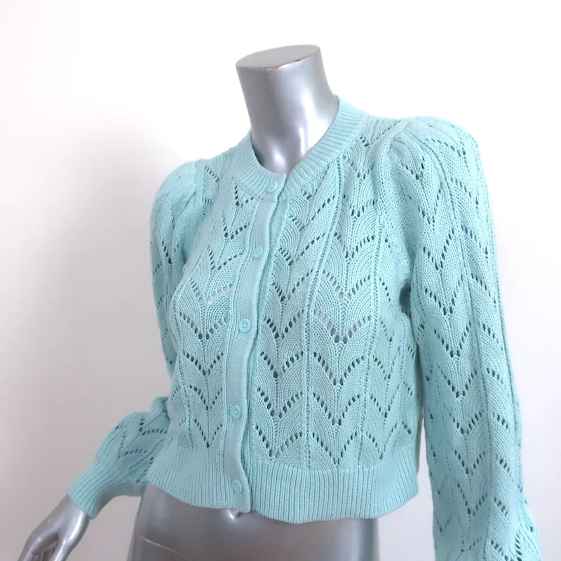 Alice   Olivia Puff Sleeve Cardigan Kitty Baby Blue Pointelle Knit Size Small