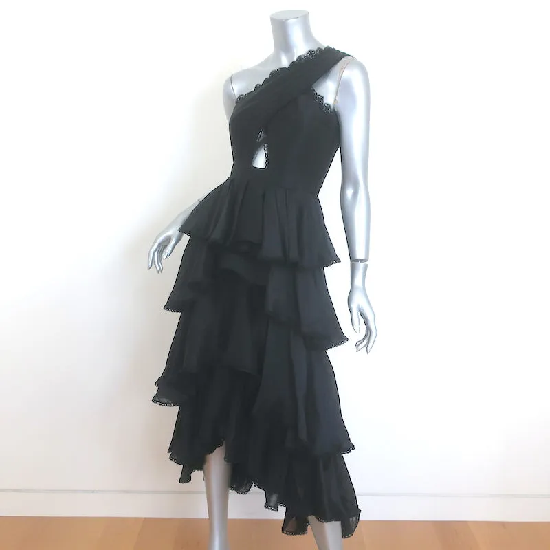 AMUR Lena One-Shoulder Cutout Midi Dress Black Ruffled Linen-Silk Size 00