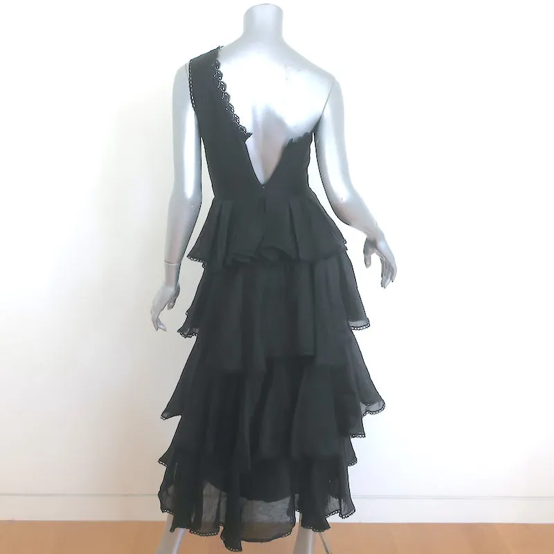 AMUR Lena One-Shoulder Cutout Midi Dress Black Ruffled Linen-Silk Size 00