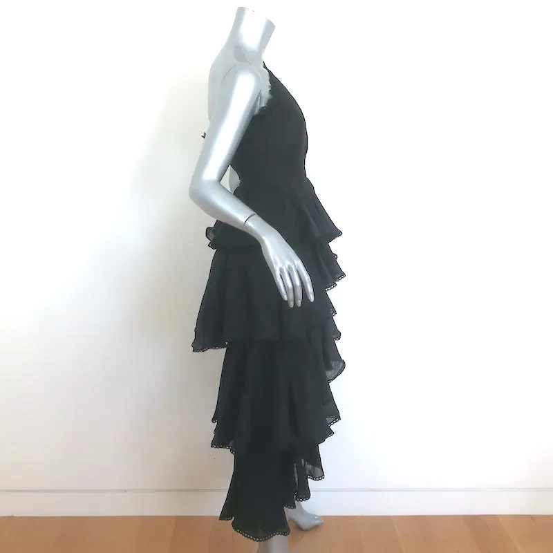 AMUR Lena One-Shoulder Cutout Midi Dress Black Ruffled Linen-Silk Size 00