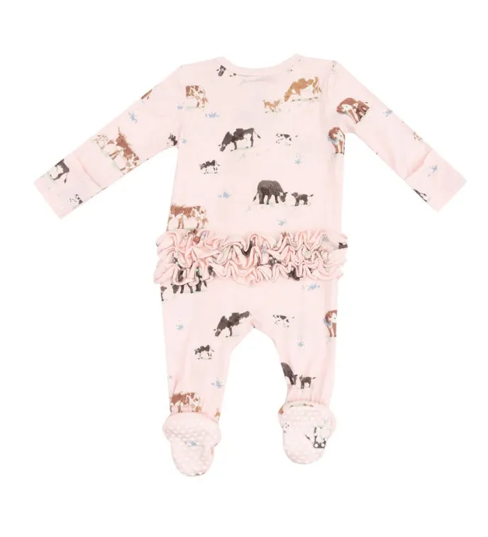 Angel Dear || Cow Families - Pink 2 Way Zipper Ruffle Back Footie