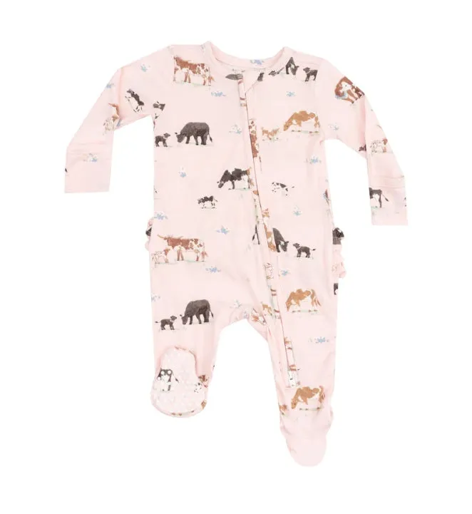 Angel Dear || Cow Families - Pink 2 Way Zipper Ruffle Back Footie