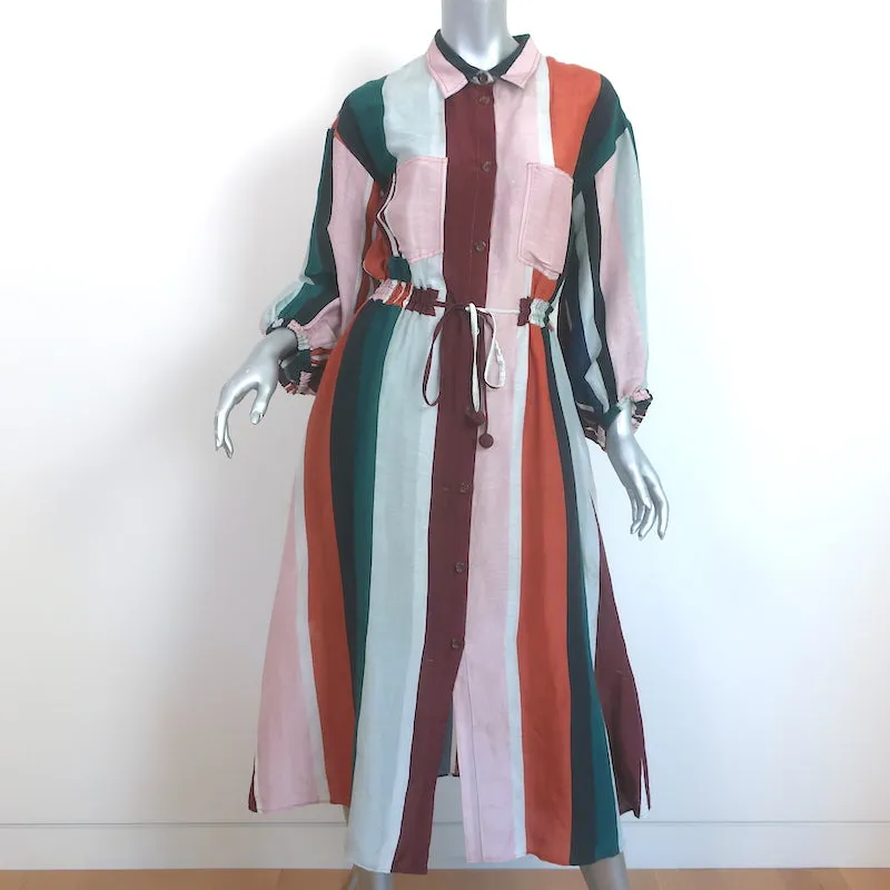 Apiece Apart Kimono Shirt Dress Multi Striped Linen-Silk Size 4 Long Sleeve Midi