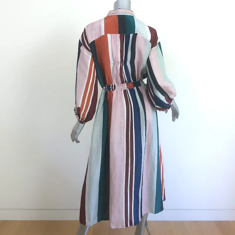 Apiece Apart Kimono Shirt Dress Multi Striped Linen-Silk Size 4 Long Sleeve Midi
