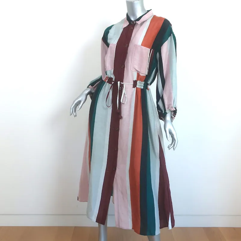 Apiece Apart Kimono Shirt Dress Multi Striped Linen-Silk Size 4 Long Sleeve Midi