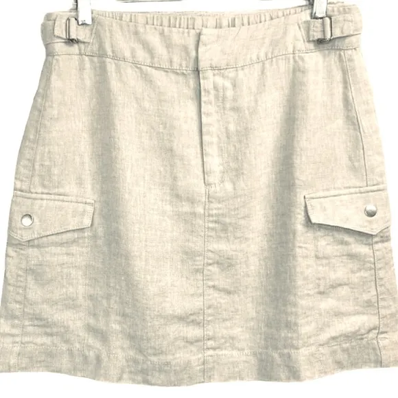 Athleta Voyager sz 8 beige tan 100% linen zip up mini skirt w side snap pockets