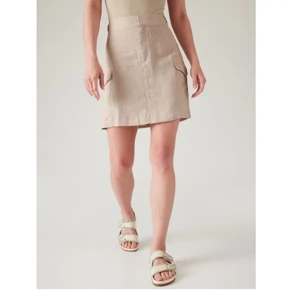 Athleta Voyager sz 8 beige tan 100% linen zip up mini skirt w side snap pockets