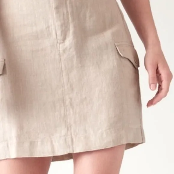 Athleta Voyager sz 8 beige tan 100% linen zip up mini skirt w side snap pockets