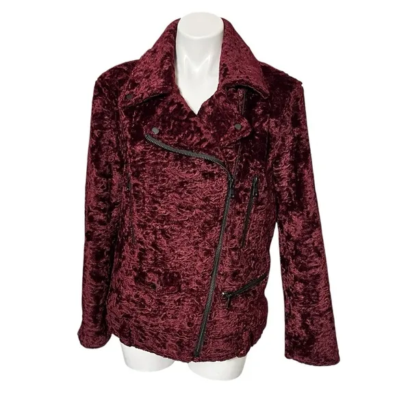 Avec Les Filles Faux Fur Sherpa Biker Jacket Size Small Burgundy