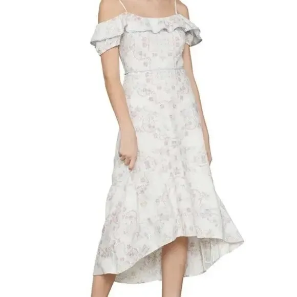 BCBGMAXAZRIA Floral Linen Blend Cold Shoulder Garden Party Dress Size Large