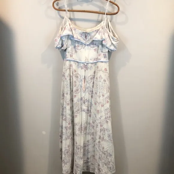 BCBGMAXAZRIA Floral Linen Blend Cold Shoulder Garden Party Dress Size Large