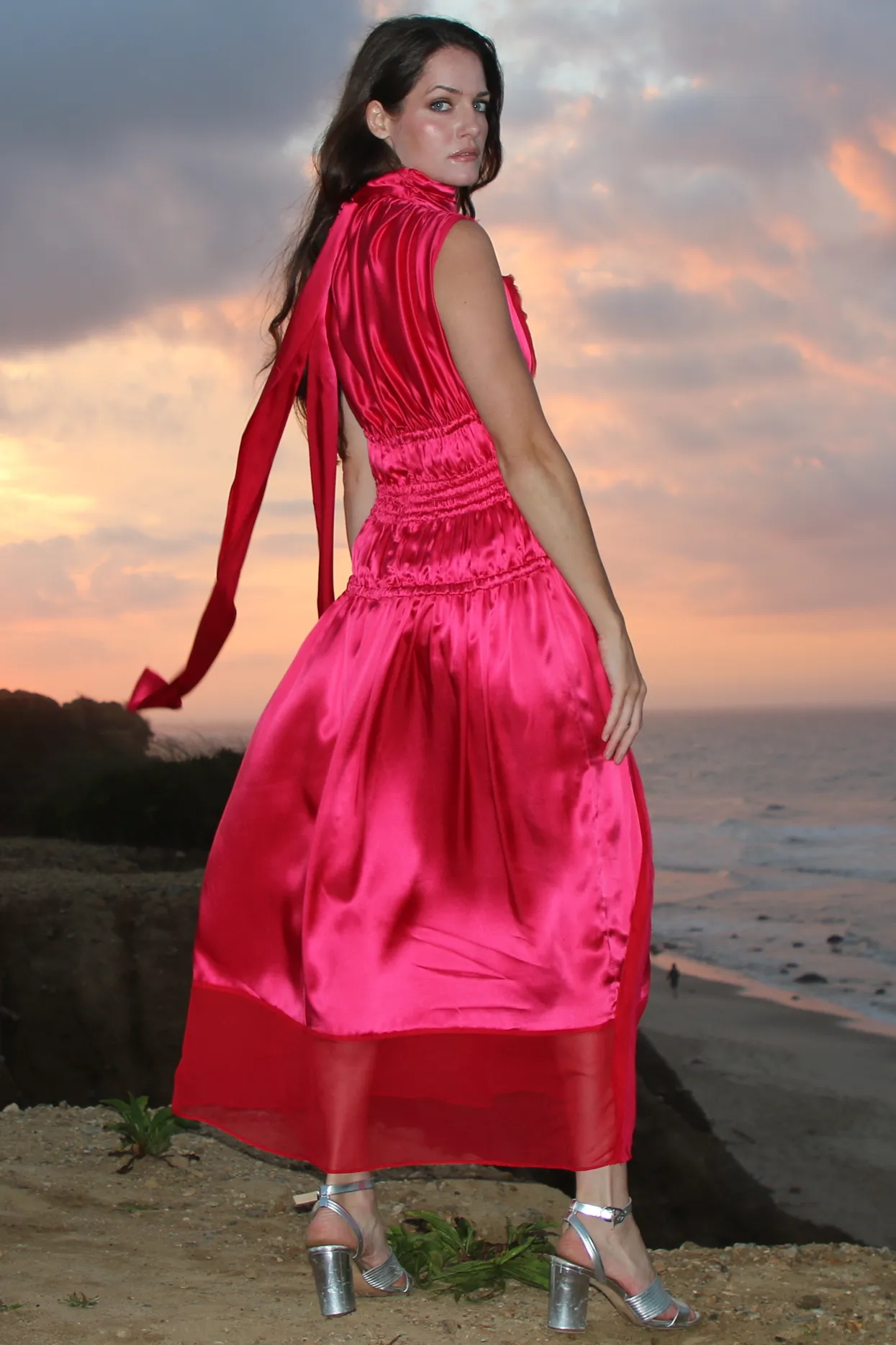 Beaded Heart Embroidery Silk Dress