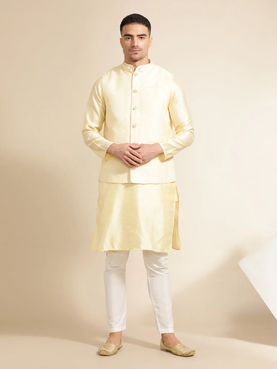 Beige Silk Blend Kurta With Woven Design Nehru Jacket Set