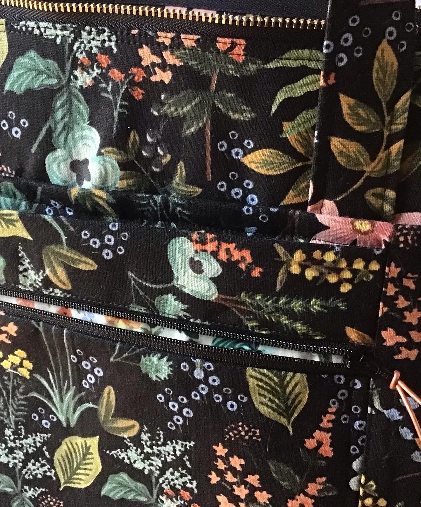 Big Traveller Tote Bag Black Waxed Canvas & Herb Garden Midnight Linen, Project Tote