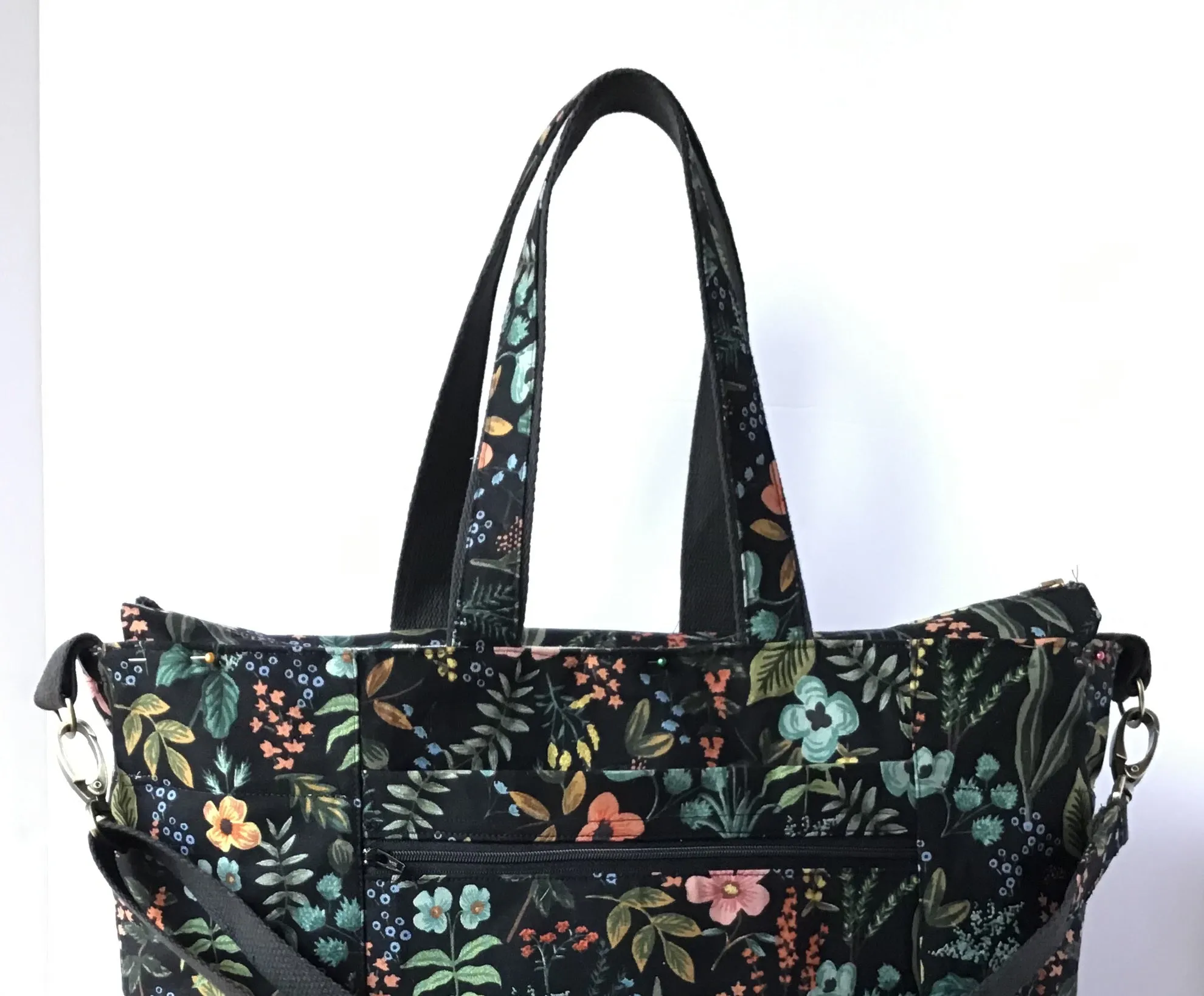 Big Traveller Tote Bag Black Waxed Canvas & Herb Garden Midnight Linen, Project Tote