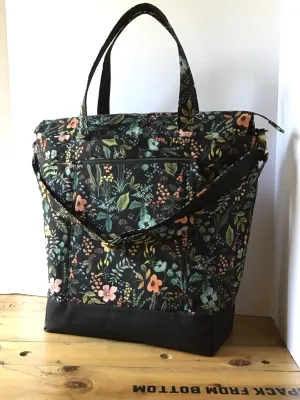 Big Traveller Tote Bag Black Waxed Canvas & Herb Garden Midnight Linen, Project Tote