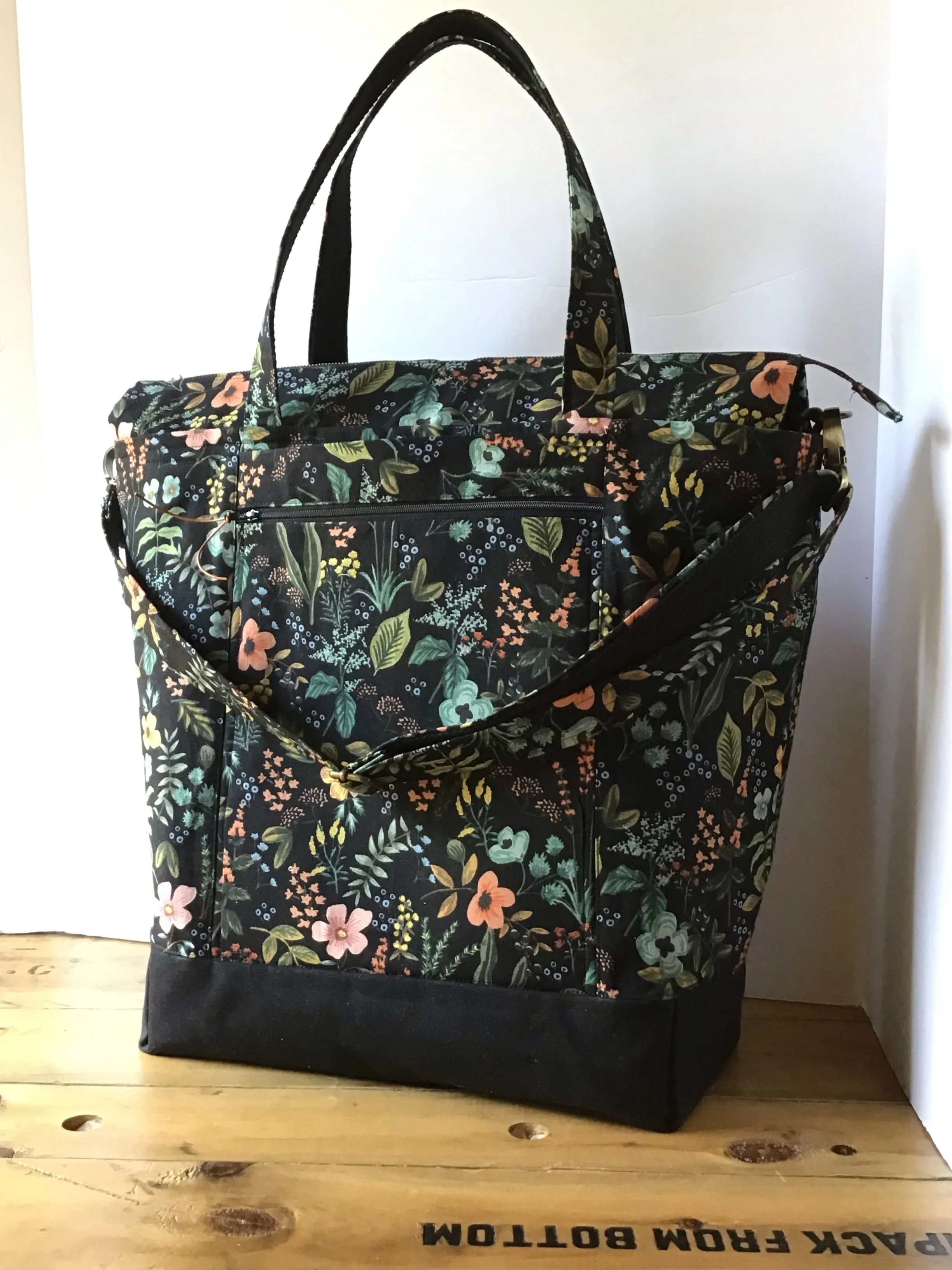 Big Traveller Tote Bag Black Waxed Canvas & Herb Garden Midnight Linen, Project Tote