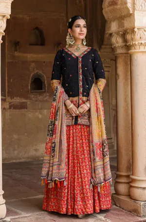 Black Crepe Silk Printed Rajasthani Lehenga Set