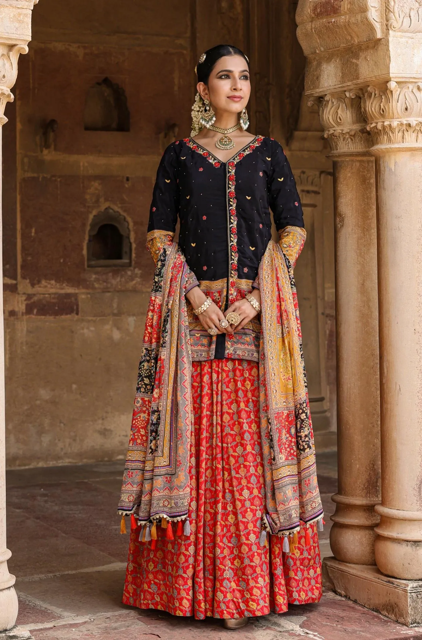 Black Crepe Silk Printed Rajasthani Lehenga Set