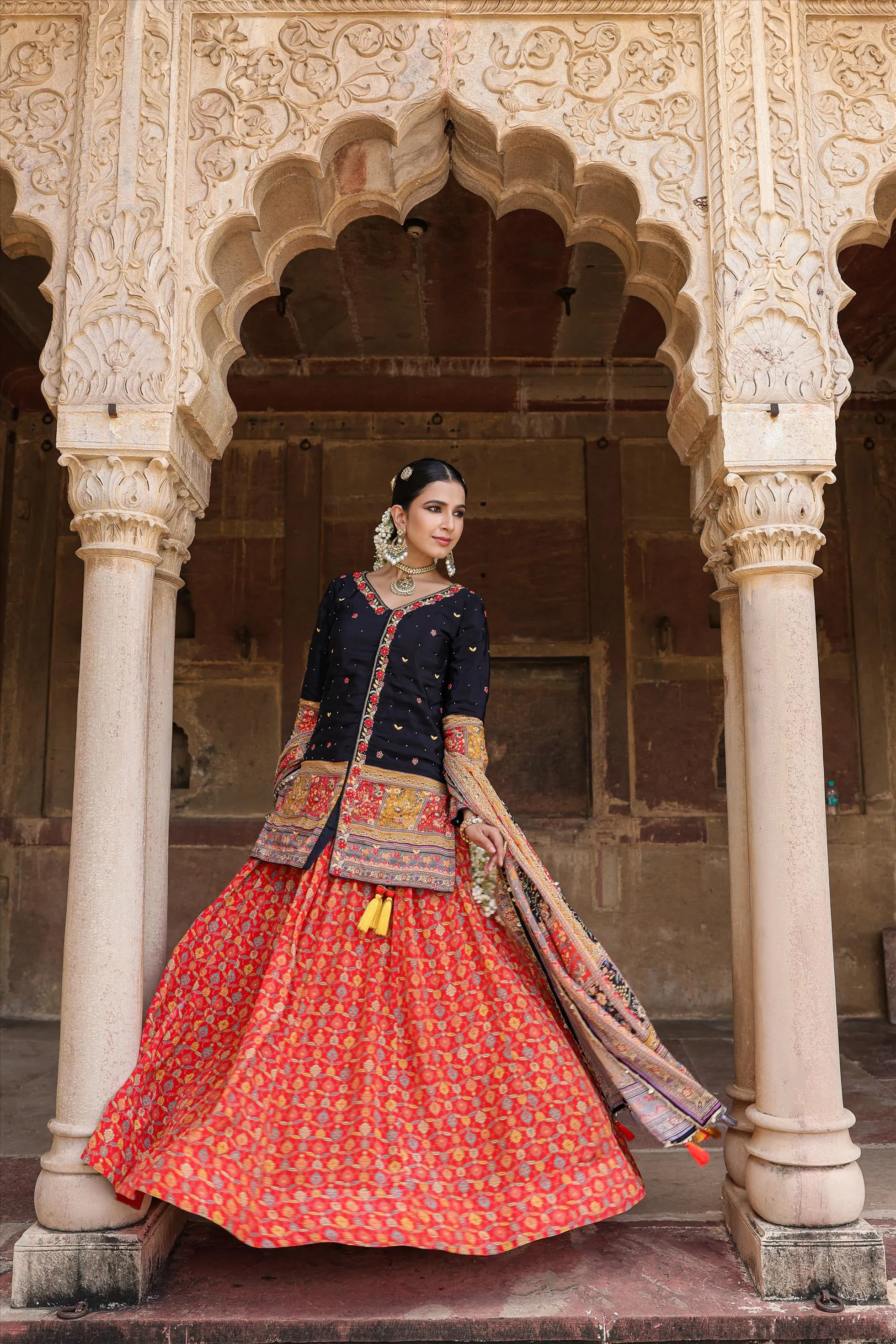 Black Crepe Silk Printed Rajasthani Lehenga Set