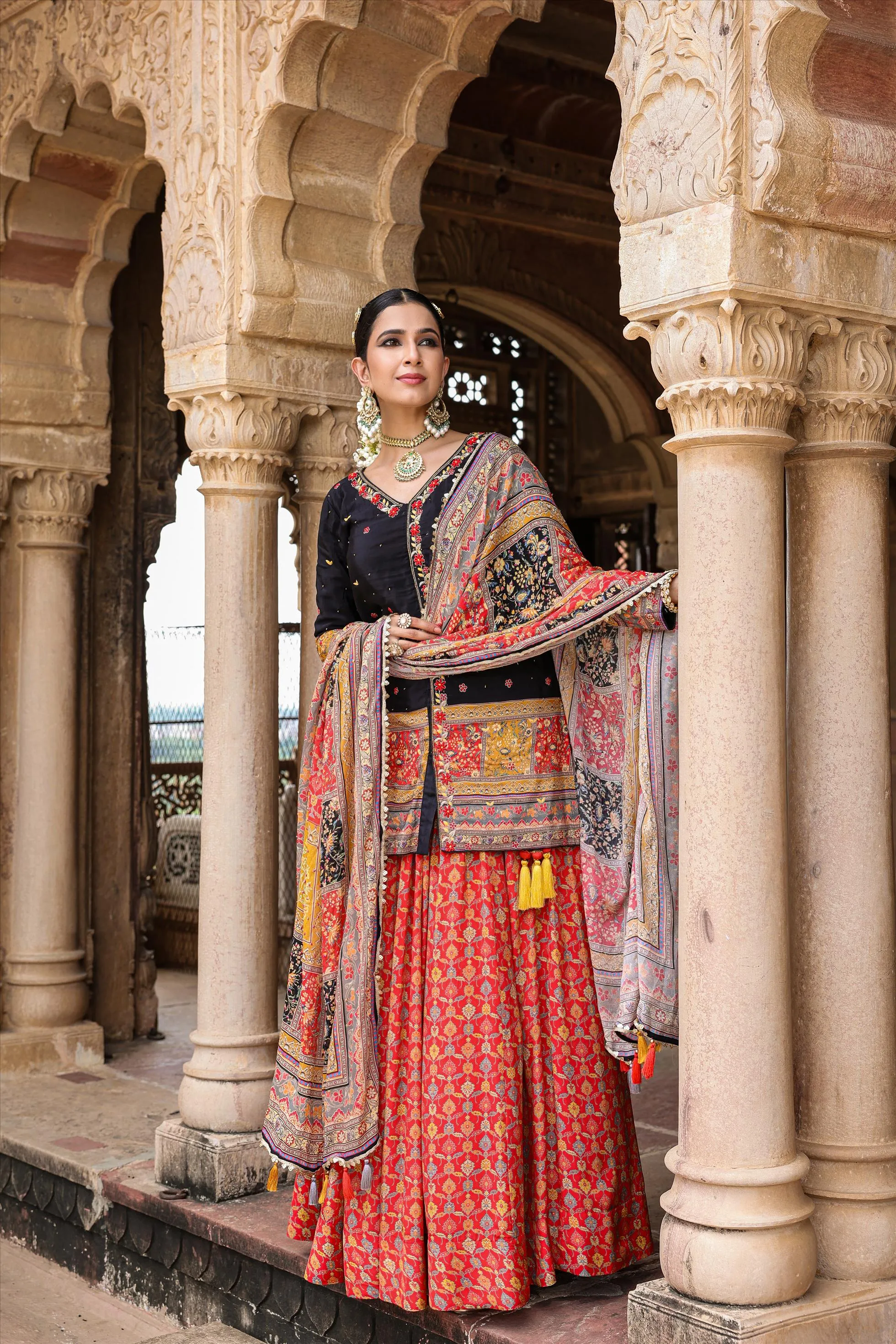 Black Crepe Silk Printed Rajasthani Lehenga Set
