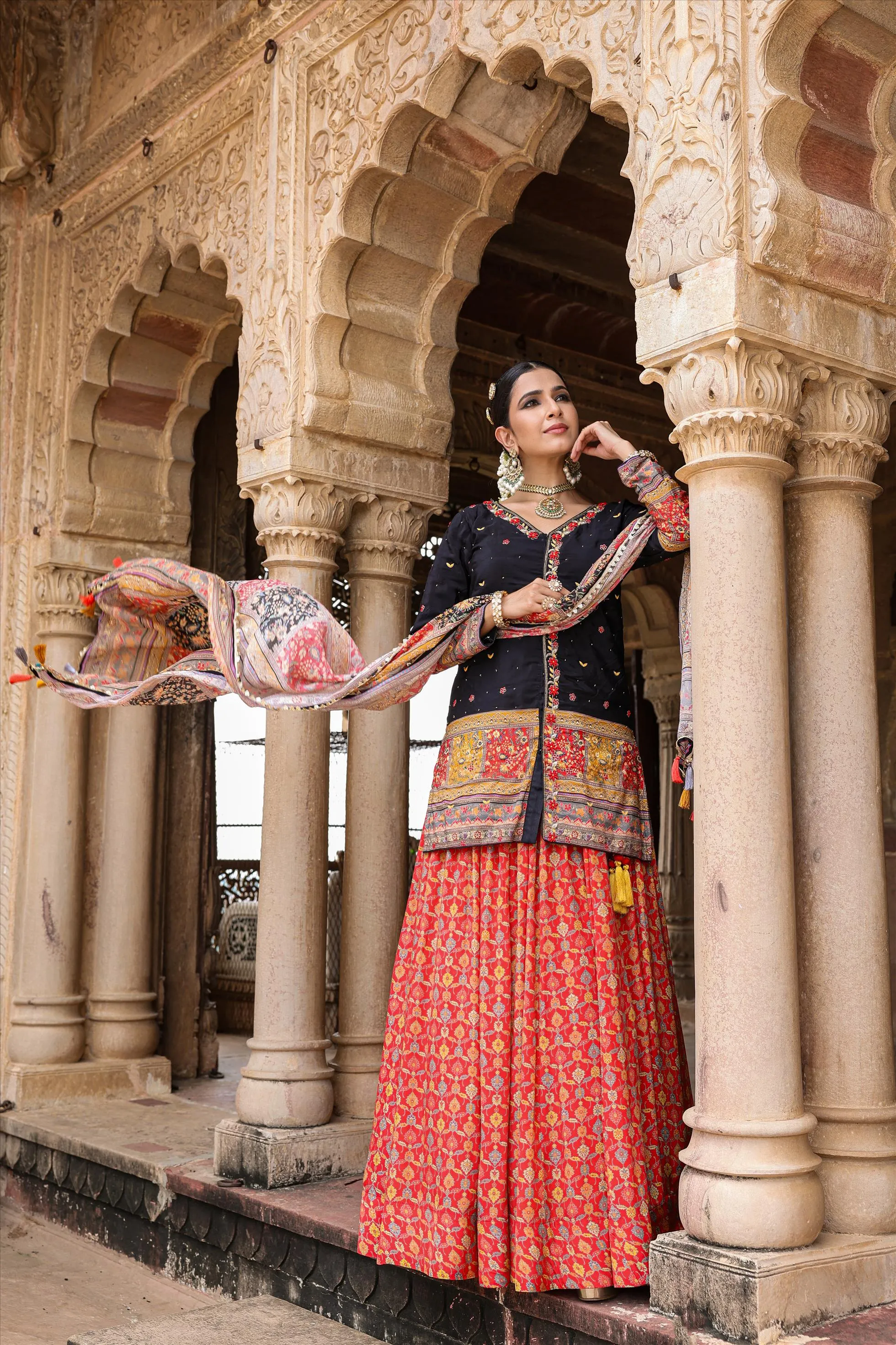 Black Crepe Silk Printed Rajasthani Lehenga Set