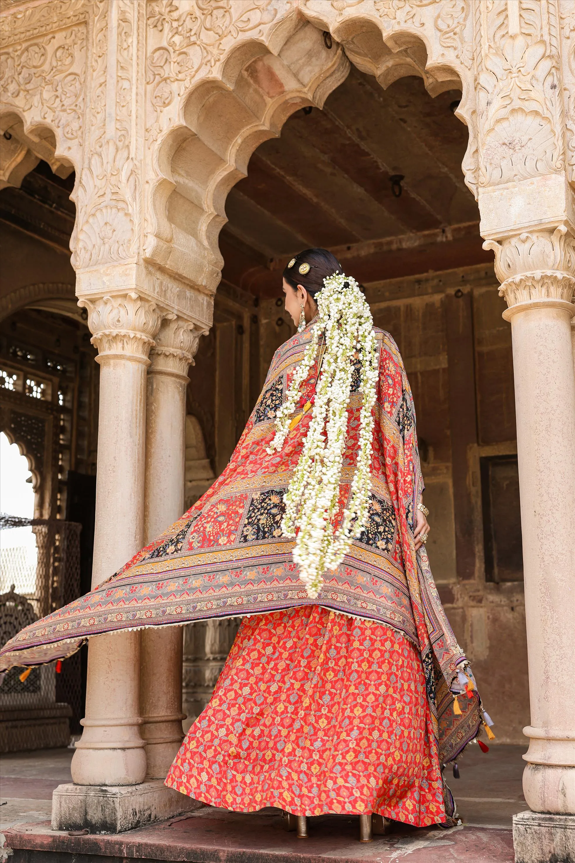 Black Crepe Silk Printed Rajasthani Lehenga Set