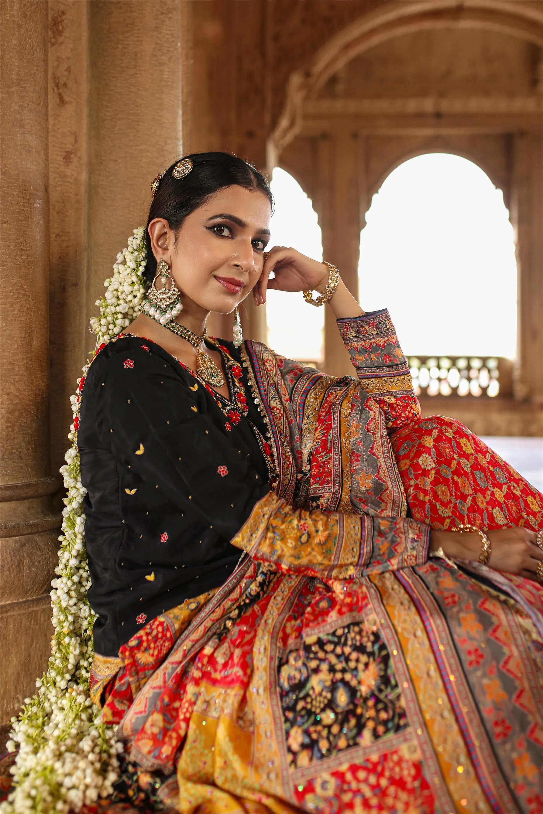Black Crepe Silk Printed Rajasthani Lehenga Set