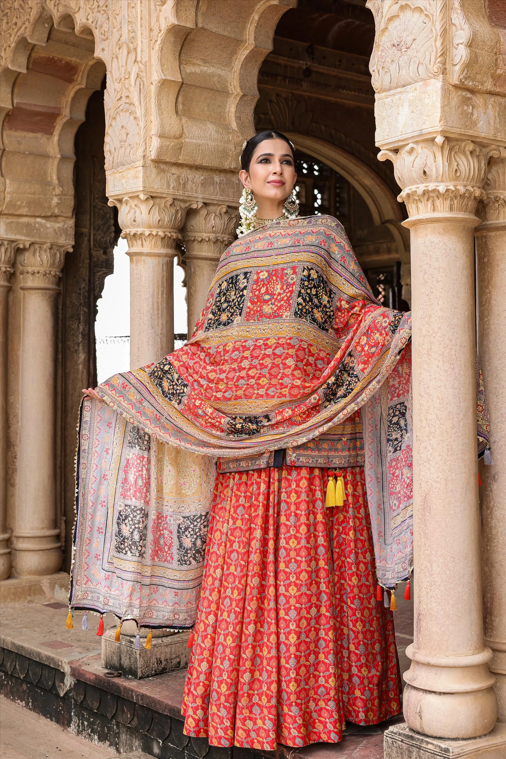 Black Crepe Silk Printed Rajasthani Lehenga Set