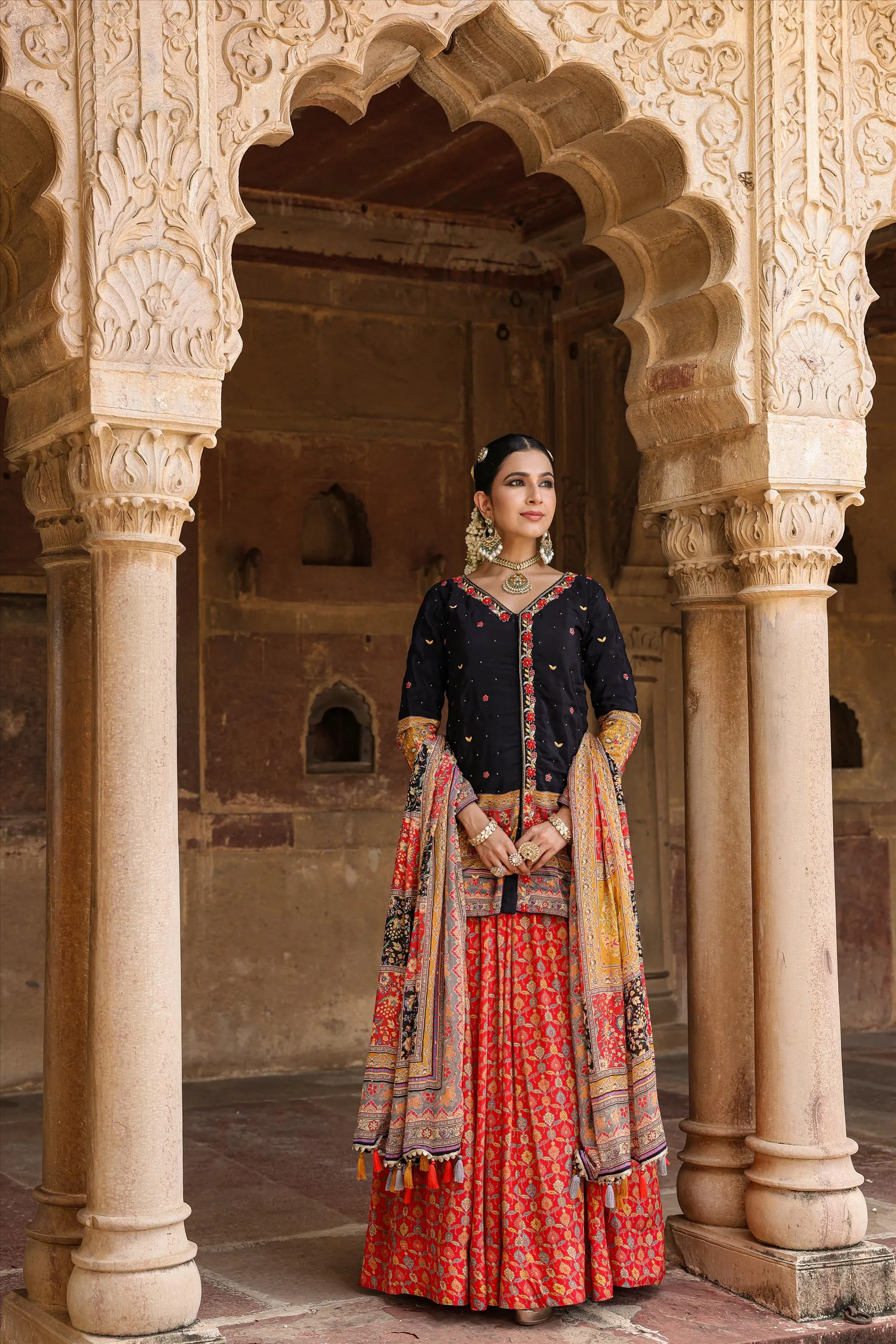 Black Crepe Silk Printed Rajasthani Lehenga Set