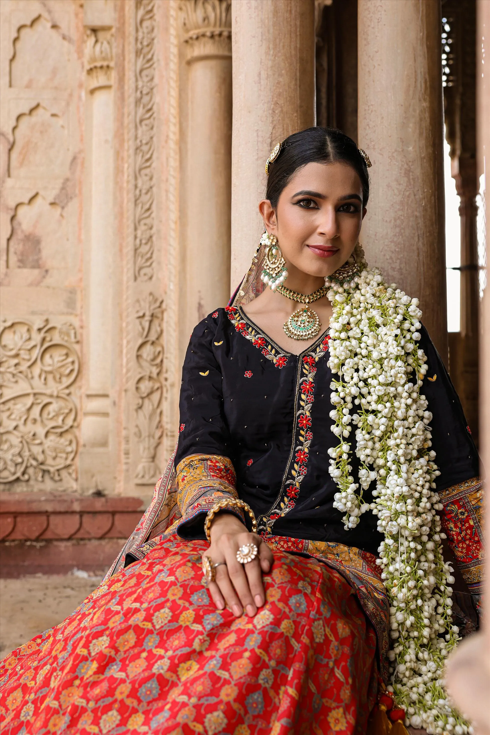 Black Crepe Silk Printed Rajasthani Lehenga Set