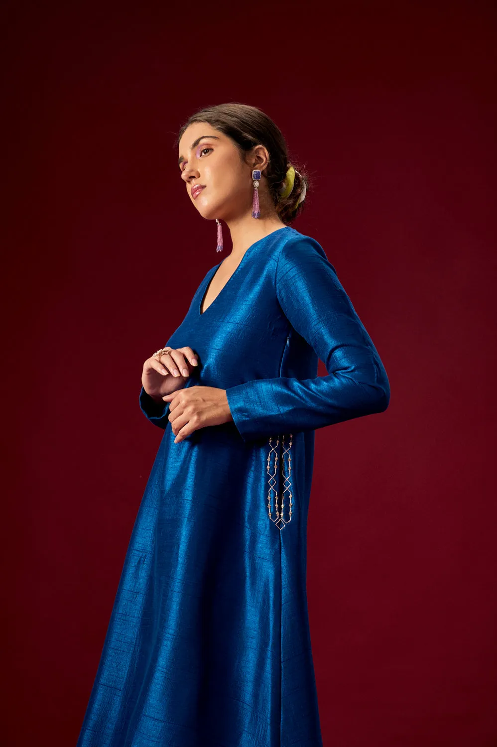 Blue Kurta With Embellished Pockets