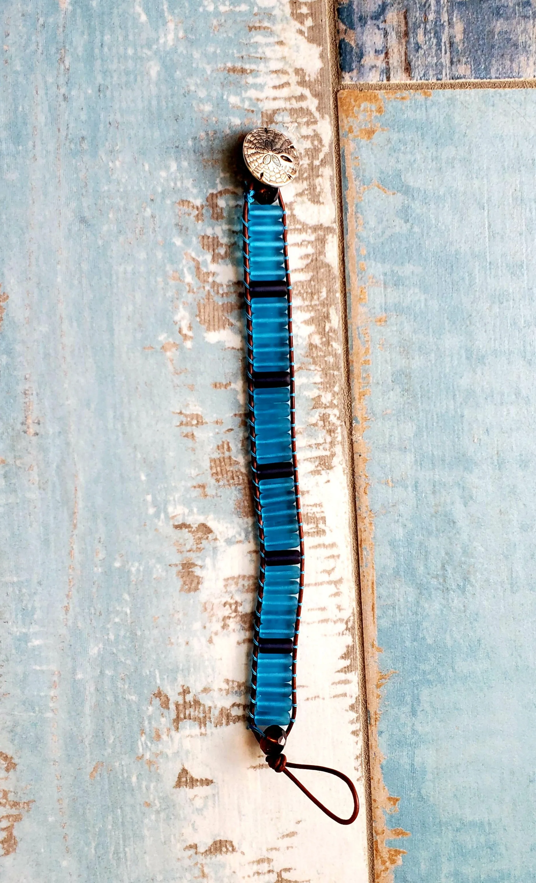 Blue Sea Glass Wrap Bracelet, Boho Jewelry