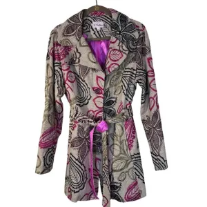 Bohemian Floral Embroidered Linen Blend Belted Coat Pink Satin Lined 3 Sisters L